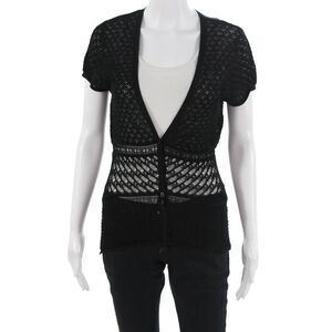 Laundry Industry Womens V-Neck Black Cotton Blend Button-Up Short Sleeve Size S